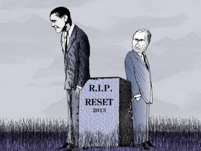 Путин, Обама и перезагрузка (карикатура). Источник - http://floppingaces.net/