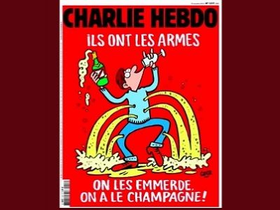 "У них есть оружие... Пошли они... у нас есть шампанское!" (карикатура Charlie Hebdo). Источник - www.diapazon.kz