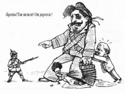23 февраля 1918 г., Дыбенко под Нарвой. Карикатура: ief-usfeu.ru